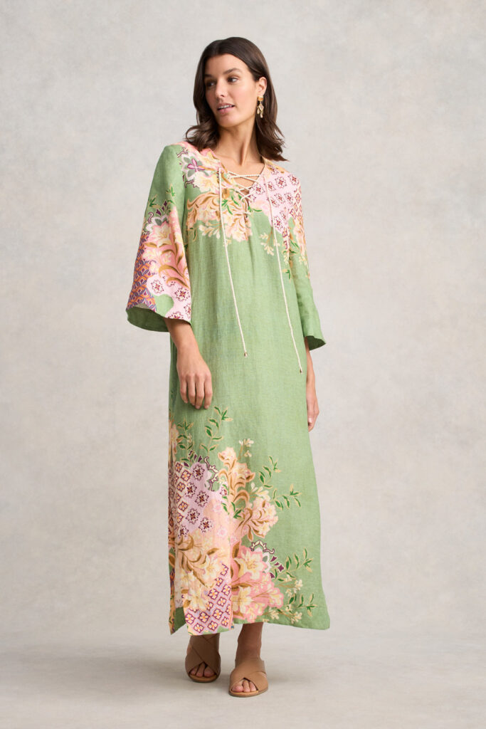 Linen Kaftan Dress - Patchwork Print